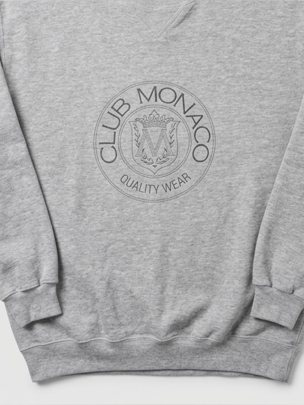 Club Monaco quality wear. Heritage crest. Light gray crewneck sweatshirt.